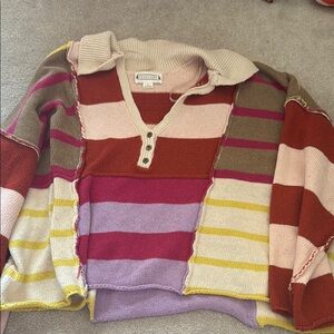 Anthropologie Cream and Red V-Neck Sweater